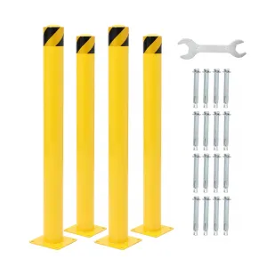 Safety Bollard 4 Packs, 42 Inch Height Bollard Post, 4.5 Inches Diameter Steel Pipe, Yellow Safety Steel Bollard with 8 Anchor Bolts, Driveway Security Bollards for Traffic-Sensitive Area
