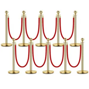 Gold Stanchion Post with Red Velvet Rope, Stainless Steel, Elegant Crowd Control, Quick Assembly, 5 Ft, Ideal for Theaters & Weddings
