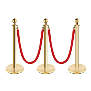 Stanchion Post with Velvet Rope, VIP Queue Pole Barrier, Gold 3-Pack for Red Carpet Events, 5FT Red Velvet Rope, Elegant Gold Color