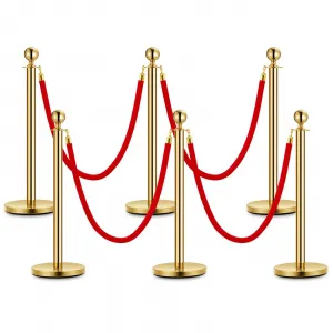 6PCS Gold Stanchion Posts with 5 Ft Red Velvet Ropes, Stainless Steel, Rust-Resistant, Easy Assembly, for Red Carpet Events