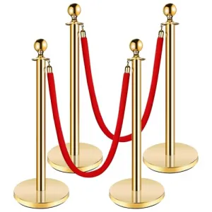 Stanchion Post with Velvet Rope, VIP Stanchion Queue Pole Barrier Posts, Red Carpet Stanchion Set, Gold 4-Pack