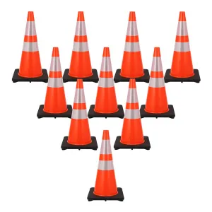 10 Pack of 28 Inch Safety Traffic Cones - Orange PVC Cones with Reflective Collars for High Visibility; Safety Cones Great for Parking Lots, Driveways, Construction, and Traffic Management
