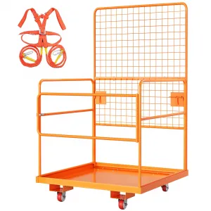 45" x 43" Forklift Safety Cage, Max. 2200 LBS Heavy Duty Steel Forklift Man Basket, Foldable Forklift Work Platform with Guardrails, Safety Harness, Wheels, Perfect for Aerial Work