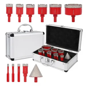 11 Pcs Diamond Core Drill Bit Set For Porcelain Marble Ceramic Granite Tile Drilling, Sizes 6-65MM, Vacuum Brazed, Heat Dissipation Design