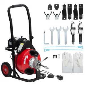 Auto Feed 100 FT x 3/8 Inch Drain Cleaner Machine with 370W Motor, Portable Sewer Snake Auger with 8 Cutters & Air-Activated Foot Switch, Fits 1" to 4" Pipes, Black & Red