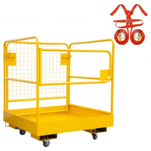 36"x36" Forklift Safety Cage – 1200-LB Heavy Duty Lift Basket with Safety Harness, Lock & 4 Wheels for Aerial Work Platforms