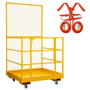 43"x45"Forklift Safety Cage – 1400-LB Capacity Work Platform with 4 Wheels, Safety Harness & Collapsible Design for Aerial Lifting Yellow