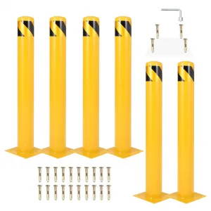 Safety Bollard 42" Height Steel Pipe Post 4.5" Diameter 12,000lb Impact Resistant Powder Coated Yellow With Reflective Strips and Anchor Bolts for Parking and Traffic Areas