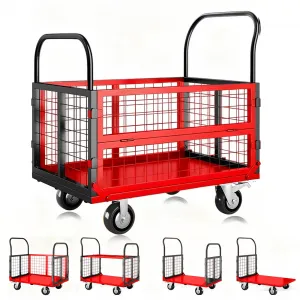 6in1 Foldable Platform Truck Cart with Cage, 1800lbs Capacity, 360° Wheels, Steel Construction, Rust-Resistant, Multipurpose for Warehouse & Garage