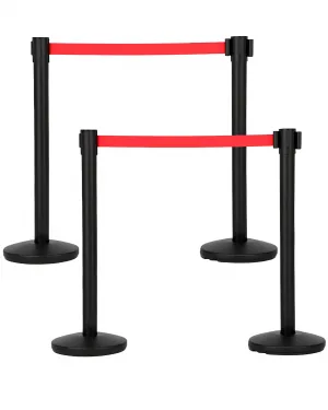 Crowd Control Stanchion Set 4 Pack with Retractable Belt, Heavy Duty Steel, Commercial Events, 6.6 Ft Red Belt