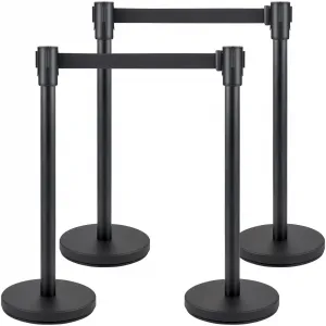 4 Packs Crowd Control Stanchion Set Black With Retractable Belts 6.5Ft For Store Queues Airport Lines Event Entries