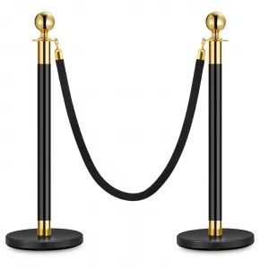2PCS Stanchion Posts Queue with Black Velvet Rope, Crowd Control Barriers for Events, 5 FT, Black & Gold