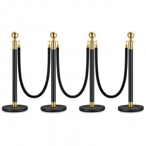 4PCS Stanchion Posts Queue With Black Velvet Rope, Crowd Control Barriers For Events, 5 FT, Black & Gold