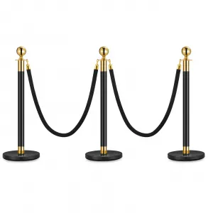 3PCS Stanchion Posts Queue With Black Velvet Rope, Crowd Control Barriers For Events, 5 FT, Black & Gold