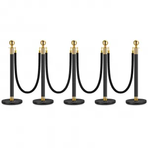 5PCS Stanchion Posts Queue with Black Velvet Rope, Crowd Control Barriers for Events, 5 FT Black Carpet Ropes, Durable Gold & Black