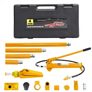 4 Ton Porta Power Kit Heavy Duty Hydraulic Ram with Secure Transport Case for Auto Shop Frame Repair, Professional Grade Lifting Tool, Yellow