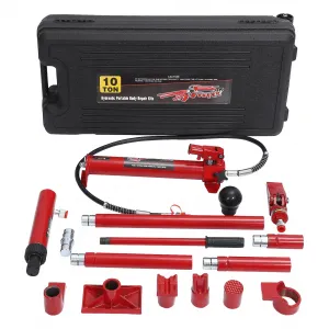 10-Ton Heavy-Duty Hydraulic Porta Power Jack Kit with Wheel - 4.6 Ft Oil Hose, Pump, and Storage Case for Auto Body Frame Repair, Garage, Farm, and Mechanic Applications, Red