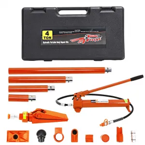 4 Ton Porta Power Kit Heavy Duty Hydraulic Ram with Secure Transport Case for Auto Shop Frame Repair, Orange