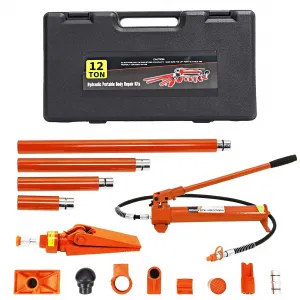 12 Ton Porta Power Kit Heavy Duty Hydraulic Ram with Secure Transport Case for Auto Shop Frame Repair Orange