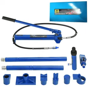 20 Ton Porta Power Hydraulic Kit, 15pcs Heavy-Duty Hydraulic Pusher Puller Set with Long Handle Ram and Portable Toolbox for Auto Body Repair, Garage, and Industrial Maintenance, Blue