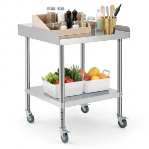 24"L X 24"W X 30"H Stainless Steel Prep Table with Backsplash & Wheels, Heavy-Duty 440 lbs Capacity, Adjustable Shelf, Reinforced Legs, Kitchen & Restaurant Use