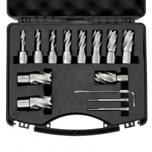 Annular Cutter Set 13 Pcs HSS Mag Drill Bits Kit with 1" Cutting Depth for Magnetic Drill Press, Universal Shank, Portable Case, 7/16" to 1-1/16" Diameter