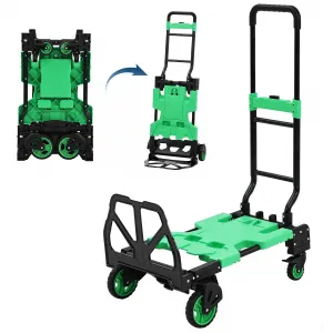 2-in-1 Folding Hand Truck 330LB - Steel Frame w/Foldable Basket 4 Wheels Bungee for Moving, Office & Luggage Transport