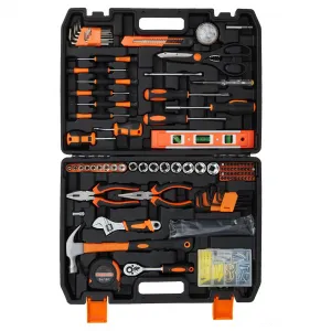 242 Piece Tool Set Household Hand Kit with Plastic Toolbox for Home Maintenance Dorm DIY Projects, Orange, 17x13x3"