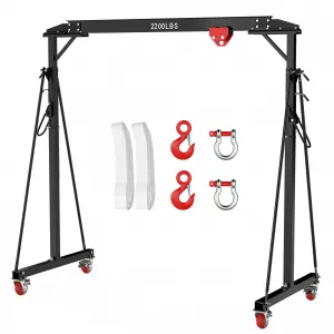 Adjustable Gantry Crane with Manual Trolley, Hook and Sling Strap, 1 Ton 2200 LBS Capacity, Portable Gantry Crane Height Adjustable 97" to 141" with 12 Positions, for Factories, Warehouses, Constructi