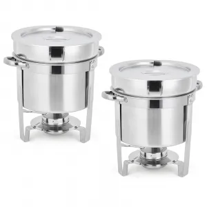 7QT Soup Chafer Set of 2 Stainless Steel Round Soup Warmer with Pot Notched Lids Fuel Holders for Buffets Events Party Service