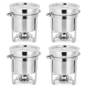 7QT Soup Chafer Set of 4 Stainless Steel Round Soup Warmer with Pot Notched Lids Fuel Holders Commercial Food Warmer for Buffets Events Party Service