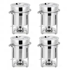 11QT Soup Chafer Set of 4 Stainless Steel Round Soup Warmer with Pot Notched Lids Fuel Holders for Buffets Events Party Service