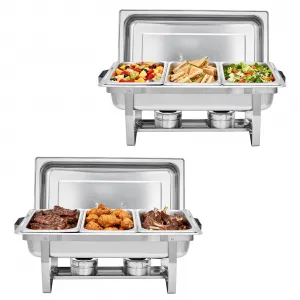 2-Pack Stainless Steel Buffet Server Set 3-Well 9QT Rectangular Chafing Dish Multi-Compartment Food Warmer for Catering Wedding Events Home Parties 23x14x11.6 Inches Silver