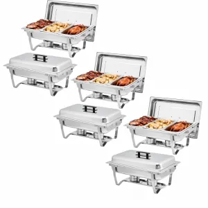 6-Pack Stainless Steel Buffet Server Set, 9QT 3-Well Rectangular Chafing Dish, Catering, Wedding Events, 23x14x11.6 inches, Silver
