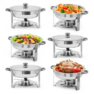 Commercial Grade 6 Pack 5QT Stainless Steel Round Chafing Dish Buffet Set - Durable Insulated Food Warmer with Stackable Lids for Catering, Parties, Weddings, Banquets - Portable Buffet Server, 6pcs