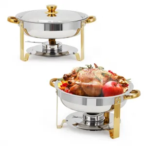 2 Pack Chafing Dishes for Buffet, 5 QT Round Buffet Servers and Food Warmer Set with Lid, Stainless Steel Chafers for Catering Parties Wedding Banquet, Gold