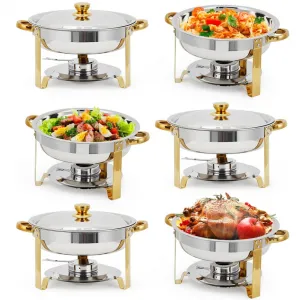 6 Pack Chafing Dishes for Buffet, 5 QT Round Buffet Servers and Food Warmer Set with Lid, Stainless Steel Chafers for Catering Parties Wedding Banquet, Gold