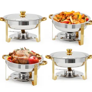 4 Pack 5QT Round Stainless Steel Chafing Dishes with Lid for Catering Parties Wedding Banquet, Gold