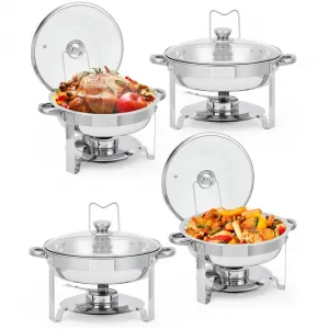 Chafing Dishes Buffet Set of 4, 5 QT Stainless Steel Round Servers with Glass Lid, Holder & Drip Tray for Catering Parties Wedding Banquet, Silver