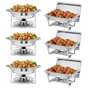 6 Pack Chafing Dish Buffet Set Stainless Steel For Events Parties Holiday Catering 8 Qt Rectangle 5 Qt Round