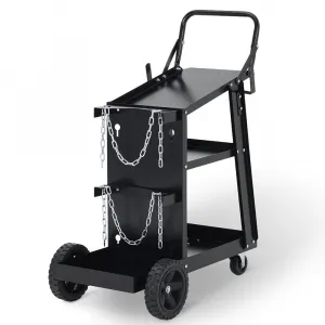 3 Tier Welding Cart Heavy Duty Welder Cart With 360° Swivel Wheels Tank Storage Safety Chains Rolling MIG Welder Cart Black