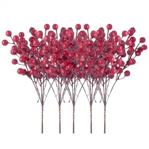 30 Pack Artificial Red Berry Picks, 9 Inch 6 Heads Red Berry Stems Christmas Holly Berry Branches for DIY Christmas Tree Wreath Wedding and Party Home Decoration