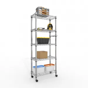5-Tier Heavy Duty Storage Shelves 1100 LBS Metal Wire Rack Shelving with Lockable Wheels, 61"H Rolling Storage Rack for Kitchen Garage Bedroom Organization