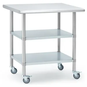 30"L x 24"W x 34"H Stainless Steel Worktable with Casters and Adjustable Shelves for Commercial Kitchen, Silver
