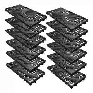 Heavy Duty Plastic Pallets - 23.6"x11.8"x1.18" - Stackable, Non-Slip, Waterproof, Dampness-Proof, Ventilated Grid Floor Pallets - Perfect for Basement, Garage, Kitchen, Outdoor Storage - Set of 12, Black