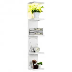 5 Tier White Floating Shelves with Remote Control LED Lights, Wall Mounted Display Shelf, Space-Saving Storage for Living Room, Entryway & Hallway