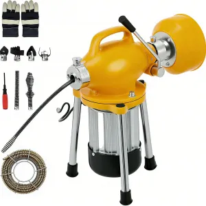 Drain Auger Sewer Snake Portable Electric Drain Cleaner with Auto Feed, 500W Motor, Steel Cables & 6 Cutters, Heavy-Duty Steel, Yellow, for 1.6-4" Pipes, Home & Professional Use