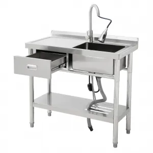 39"W x 14"D x 33"H Stainless Steel Utility Sink Single Bowl Free Standing with Left Drawer, Workbench, Rack, Faucet for Laundry Room Kitchen Garage Workshop Outdoor Use