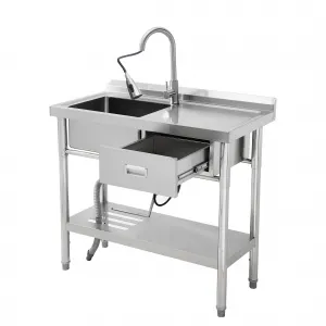 39"W x 14"D x 33"H  Stainless Steel Utility Sink Single Bowl Free Standing with Right Drawer Workbench Rack Faucet Hot Cold Water for Laundry Kitchen Garage Workshop Outdoor