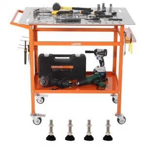 Carbon Steel 36" x 24" Four-Wheel Welding Workbench with Two Brakes, Four Fixed Base Supports, Side Pegboard, Hooks, and Storage Tray - Heavy Duty Welding Table, Work Bench, Plasma Table, Welding Cart